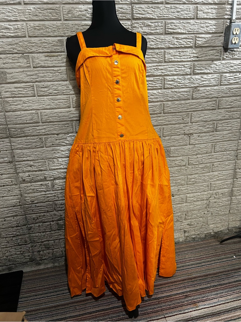 Karl Lagerfeld Vibrant Orange Button Front Midi A-Line Dress Pockets Slits Zippe